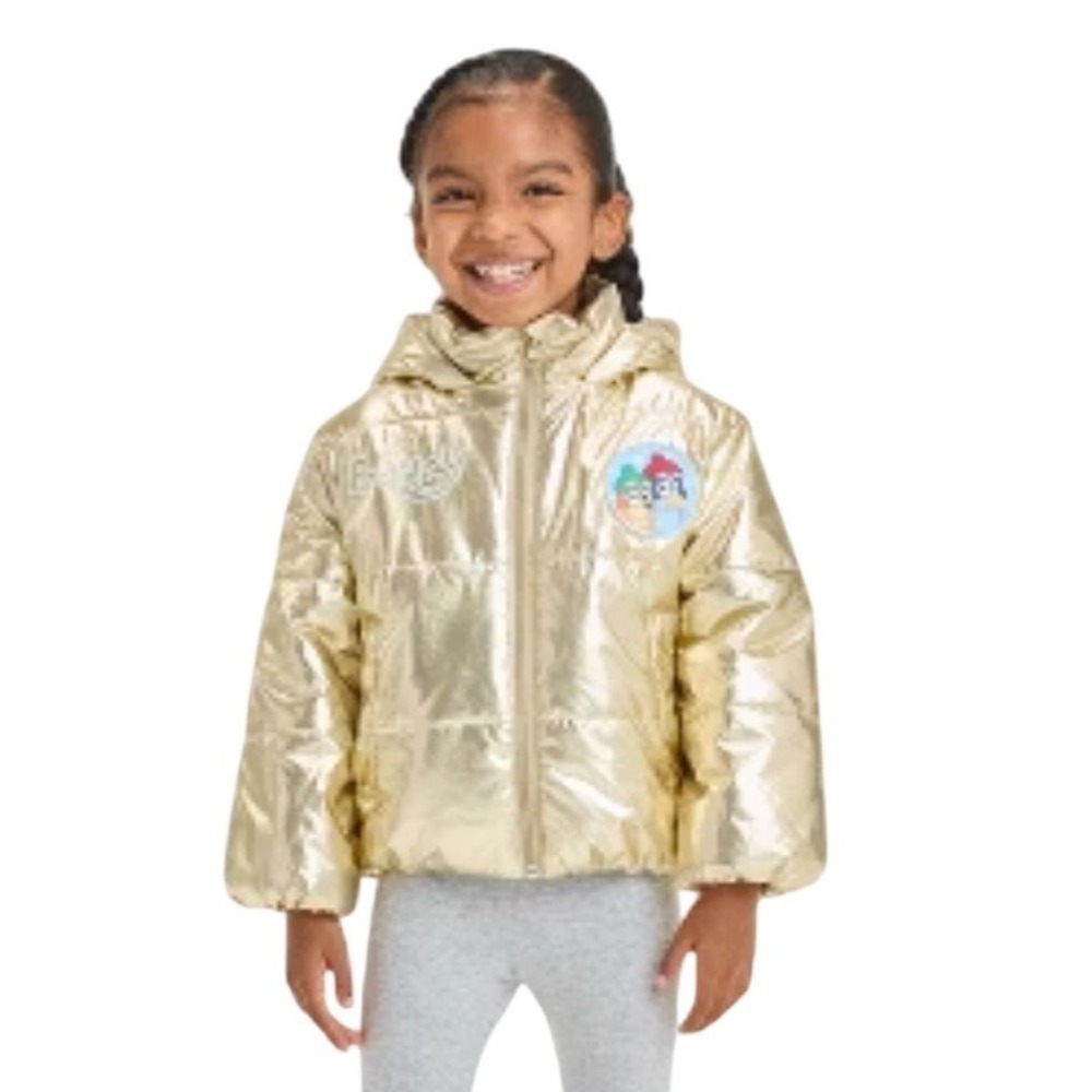 Bluey Toddler Girls 3T Metallic Gold Hooded Puffer Jacket Full Zip Winter Coat